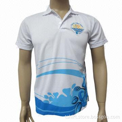 Men's white polo/white printed/embroidery T-shirt with short sleeves, made of polyester